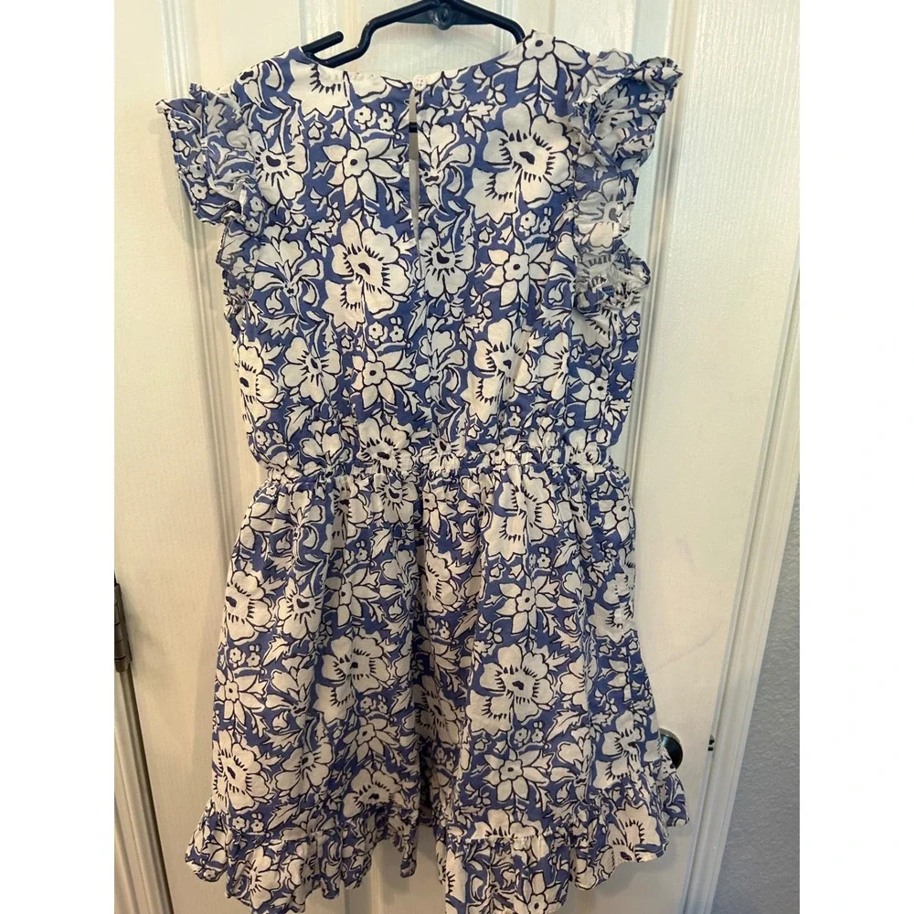 Crewcuts Dress Blue White Floral Ruffle Sleeve Cotton Summer Sun Dress 10 \‎